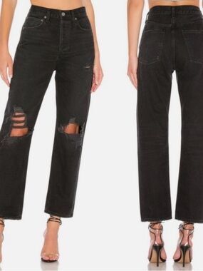 Agolde Black Distressed High-Rise Straight 90s Jeans